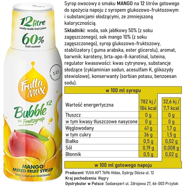 Syrop FruttaMax MANGO 500 ml na 12 litrów